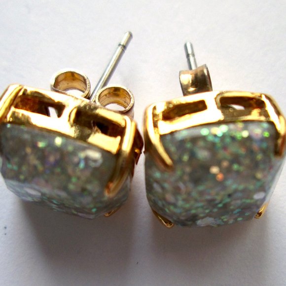 ♠ Kate Spade Opal Glitter Stud Earrings Gold Tone Square Cushion Resin Sparkly - Picture 9 of 12